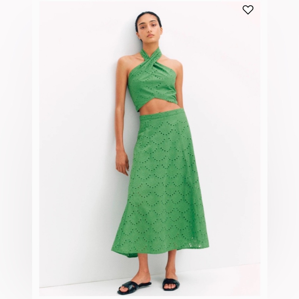 Green Eyelet-Embroidered Halterneck Top and Skirt Set
